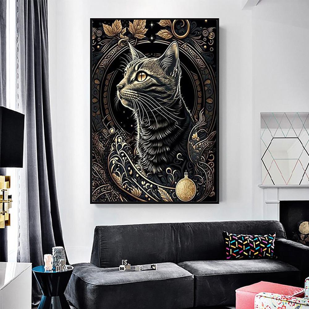 Portrait Painting Black Golden Cat Flowers Canvas Painting Animal Posters Prints Wall Art for Living Room Home Decor Gift No Frame