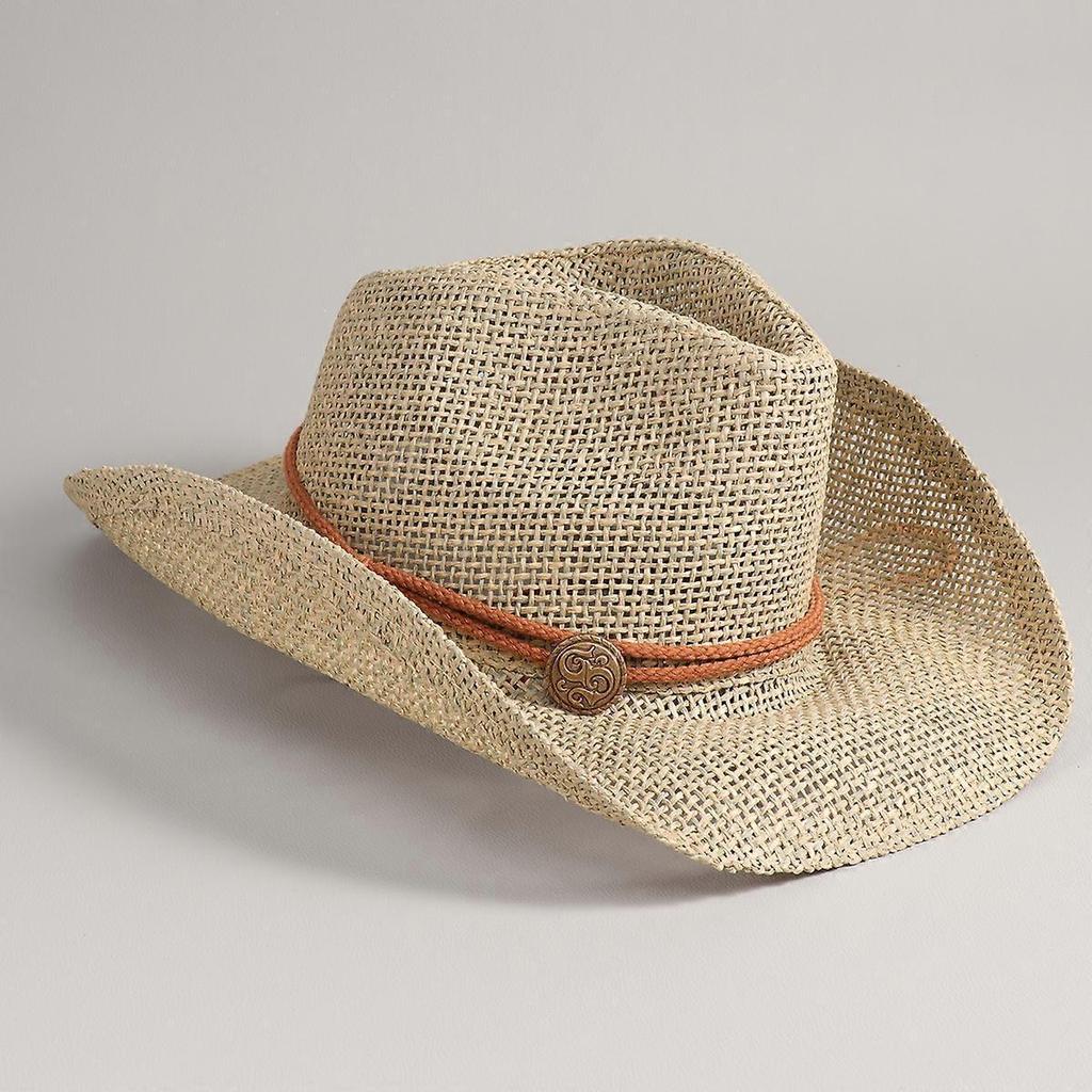 Outdoor Cowboy Strawhat Wide Brim Sun Hat with Wind Lanyard Breathable Casual Beach Hat (Khaki)