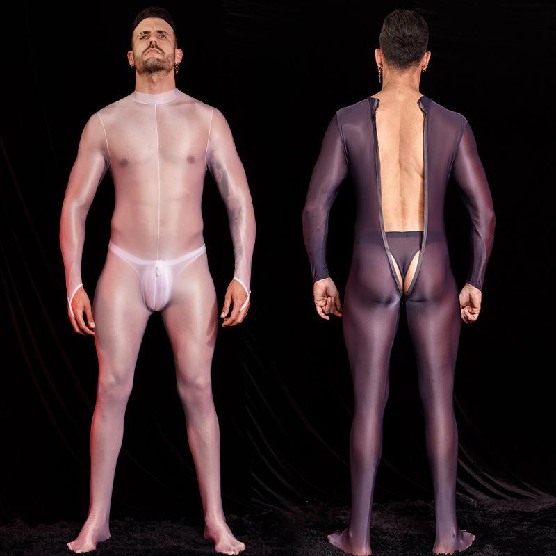 Sexy Men Body Sculpting Tights Oil Shiny Glossy Leotard Elastic Open Zipper Jumpsuit Exotic See Through Catsuit Body Stockings