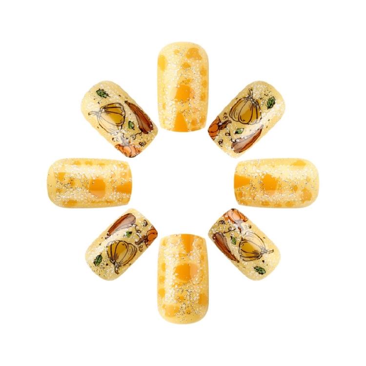 24 Pcs Pumpkins False Nails Short Square Full Cover Stick on Nails Thanksgiving Nails Press On Nails Manicures Supplies