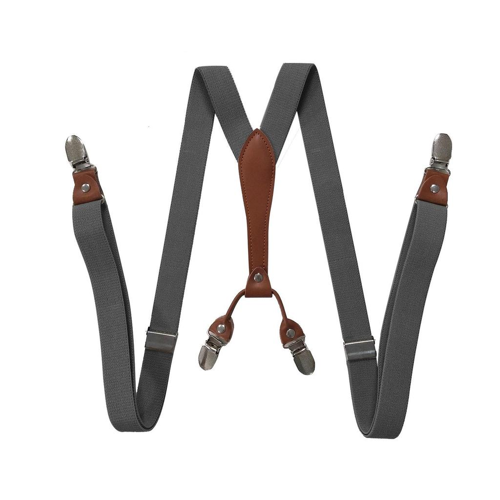 Unisex 2.5cm Elastic Leather Suspenders with 4 Clips