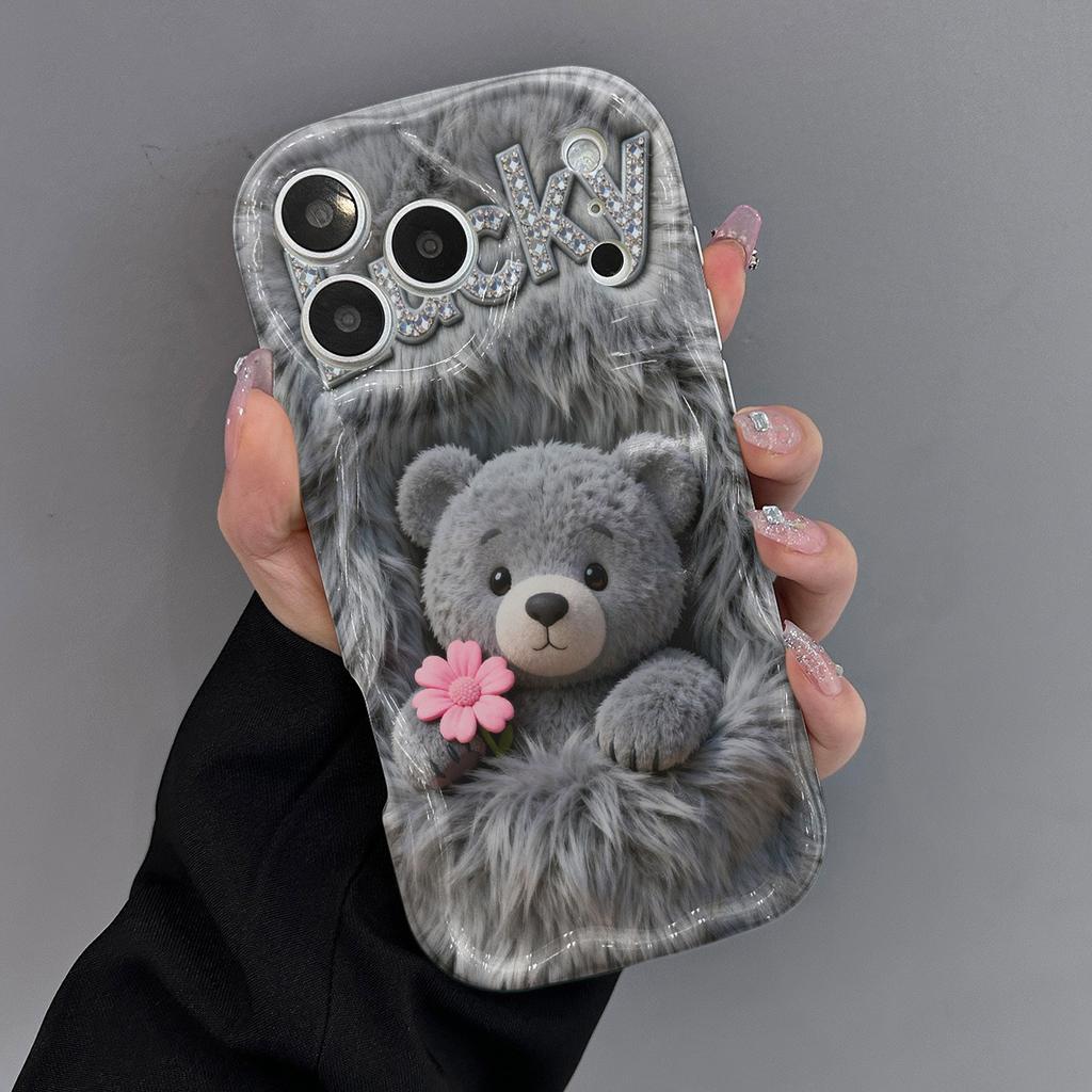 Grey Plush Teddy Bear Love Print Phone Case For Samsung Galaxy S26 S25 S24 S23 S22 S21 Ultra Plus FE A16 A35 A56 A34 A54 Cover