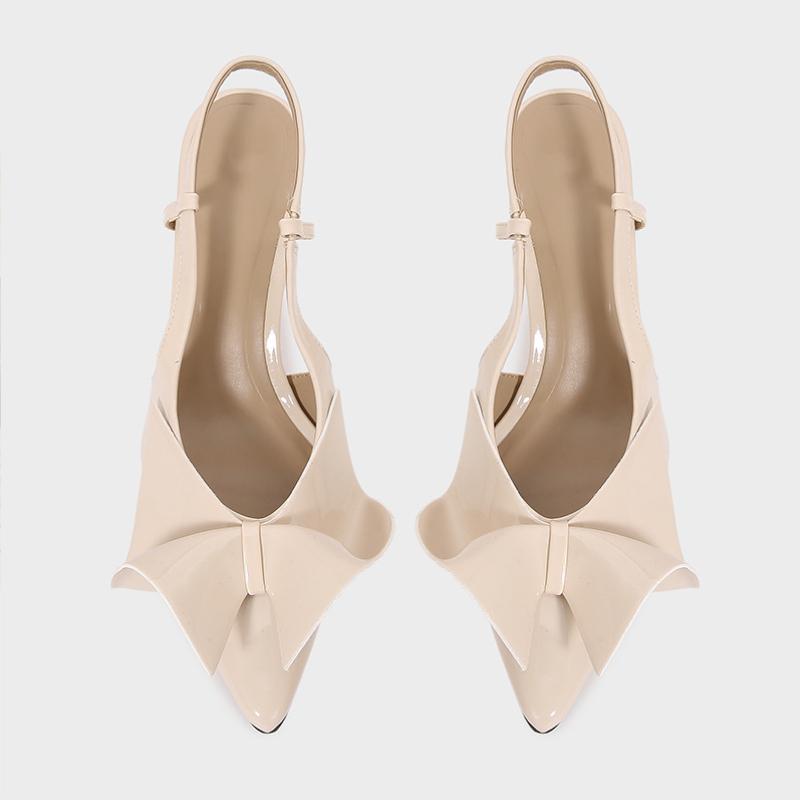 Patent Leather Women High Heels Sandals Beige Elegant Bow Decoration Stilettos Pointed Toe Summer Slingbacks Office Lady Shoes