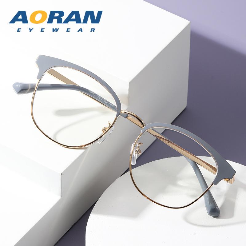 Men's Semi-Rimless Anti-Blue Light Myopia Glasses with Metal Frame for Students
