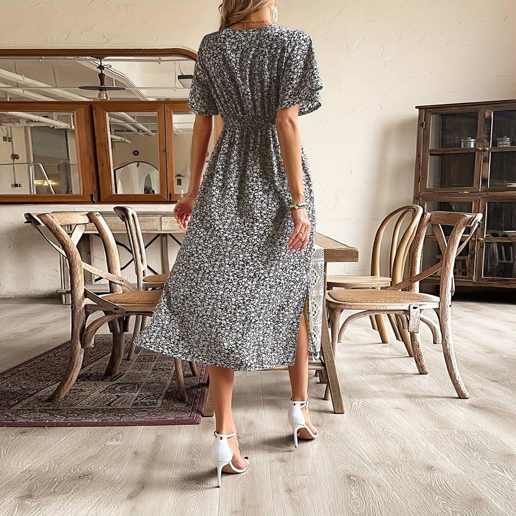 Women's V-neck High Waist A-line Floral Print Dress