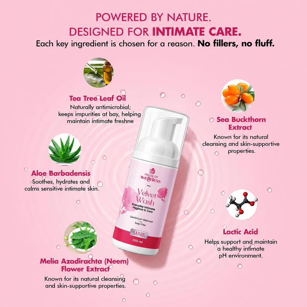 House of Wellness Velvet Wash Intimate Wash for Women 100ml | pH Balanced Feminine Hygiene Wash | Soap Free Daily Intimate Cleanser | Aloe Vera &
