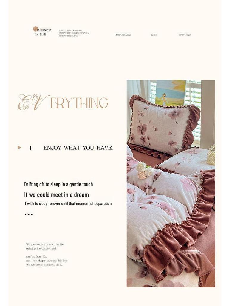 G5Z Winter-Samt Prinzessinnen-Spitzen Bettwäsche-Set - Flanell Bettdecke und Laken, Koralle, Vierteilig.