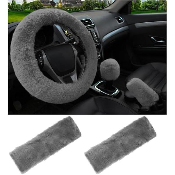 5 PCS Fluffy Steering Wheel Covers Set, Faux Wool Steering Wheel Cover & Handbrake Cover & Gear Shift Cover & 2 Seat Belt Shoulder Pads, Universal