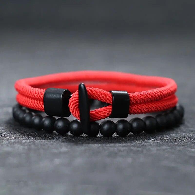 Mode 2 stuks/set Heren Armband Natuurlijke 6mm Onyx Steen Kralen Armband Homme 4mm Touw Nautische Armband Vrijetijdsaccessoires Pulseria