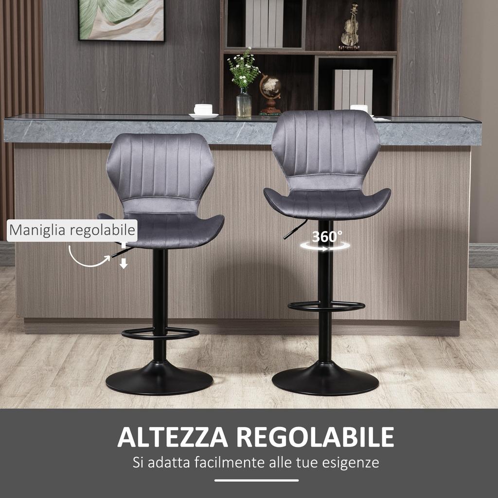 Set of 2 Height-Adjustable Bar Stools with Ergonomic Seat and Footrest, Tall Stools in Velvet Effect and Metal, 47x51.5x92-114 cm, Grey