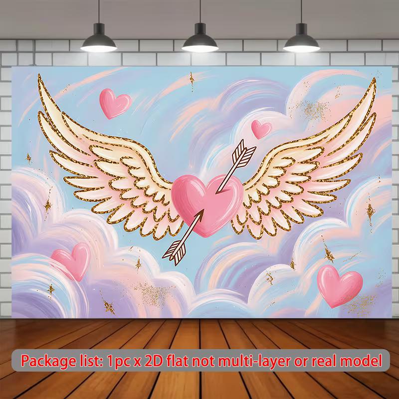 2D Cupid Heart Backdrop, Arrow Through Pink Heart & Angel Wings Party Background 47.2x31.5inch/120*80cm