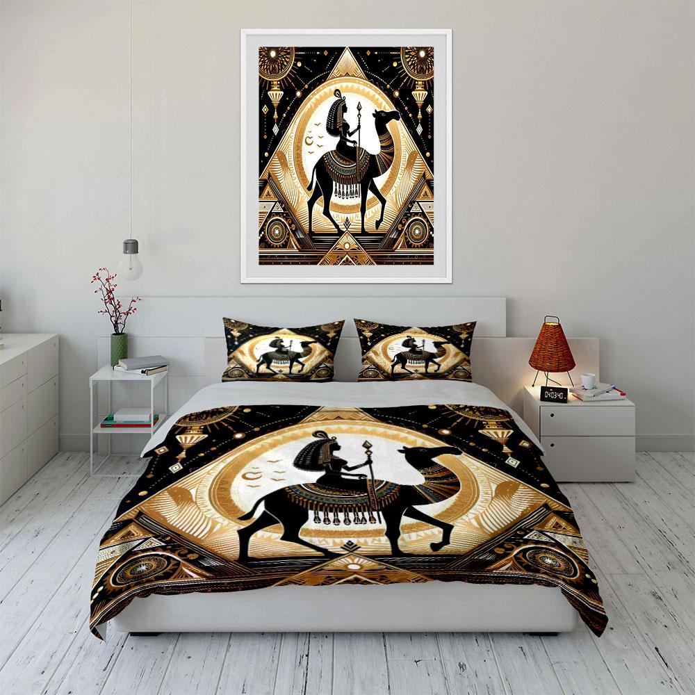 Egyptian Camel Pharaoh Decor Bedding Set with 1 Duvet Cover 2 Pillowcases Single Double King Queen, Gift