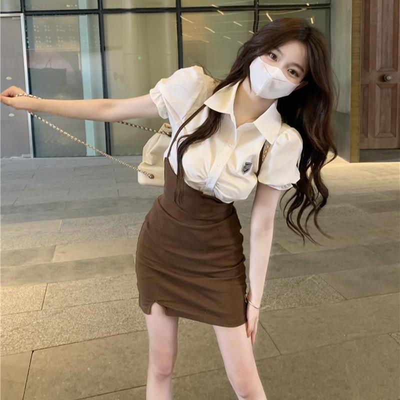 Summer Academy Style Small Strap Skirt Waist Sweet Spice Girl Short Skirt Chic Skirt Fake Two-piece Dress Women's Clothing