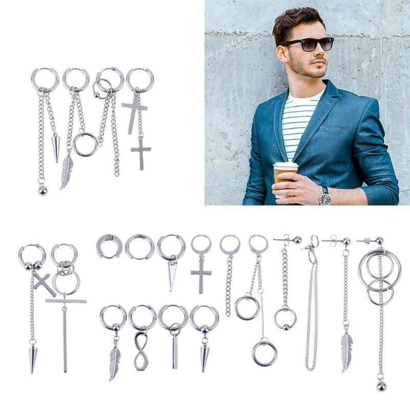 HX6F 20 Pieces Cool Stainless Steel Huggie Hoop Earrings Hinged Dangle Earrings for Women Men Fashion Jewelry Charms CN