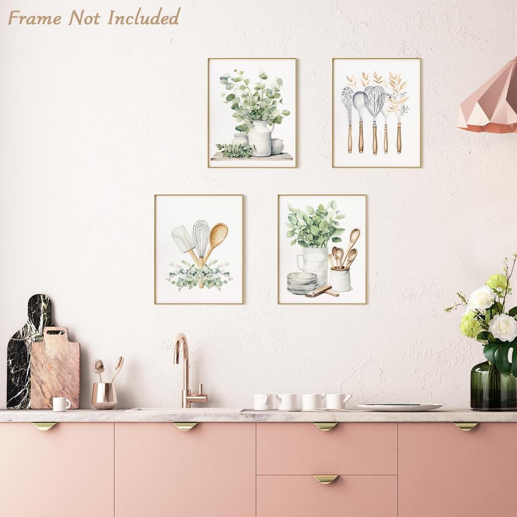 4 PCS Botanical Kitchen Wall Art Poster Sage Green Eucalyptus Leaves Prints, Boho Plant Wall Poster for Kitchen Dining Room Decor 8x10 in Unframed