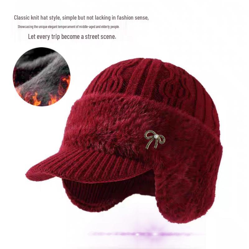 Women's Mink Velvet Winter Hat & Scarf Set - Warm Knitted Duckbill Cap with Ear Protection for Middle-Aged & Elderly.