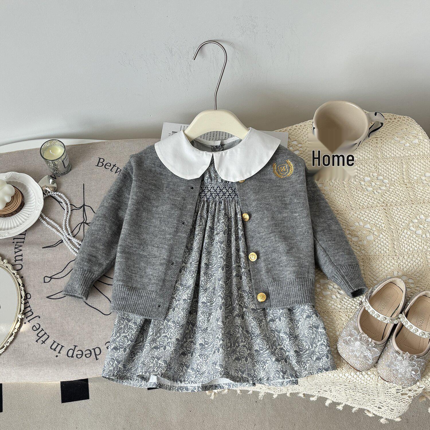 

Осенний комплект для корейских девочек: Серый вязаный кардиган и платье принцессы с длинным рукавом 120cm