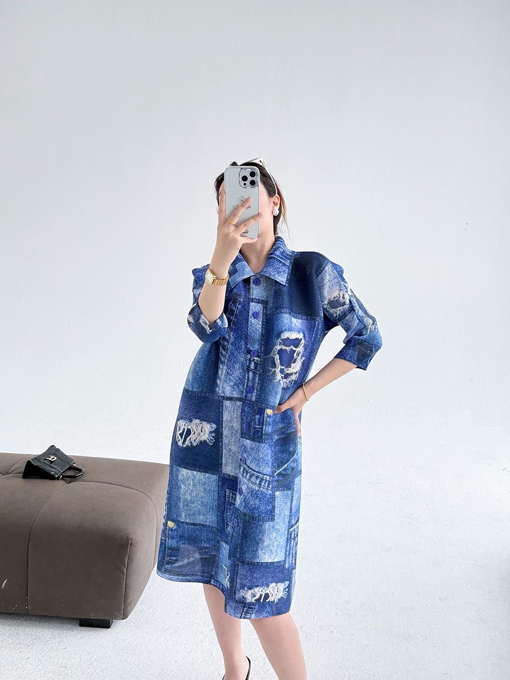 

Платье миди с лацканами и принтом французского денима на весну/лето 2025 - Повседневный свободный крой для женщин One Size синий