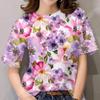 Moda Donna Girocollo Manica Corta Stampa Floreale 3D T-shirt a Manica Corta Girocollo con Fiori Colorati