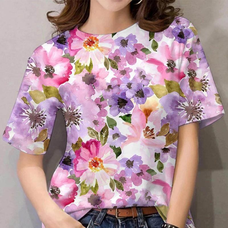 Moda Donna Girocollo Manica Corta Stampa Floreale 3D T-shirt a Manica Corta Girocollo con Fiori Colorati