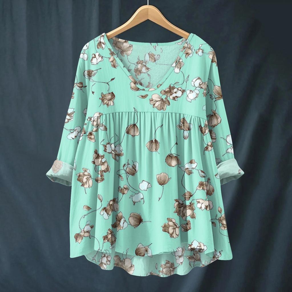 Damen Modisches Und Lässiges Hemd Langärmlig V-Ausschnitt Druck Baumwolle Und Leinen Bluse