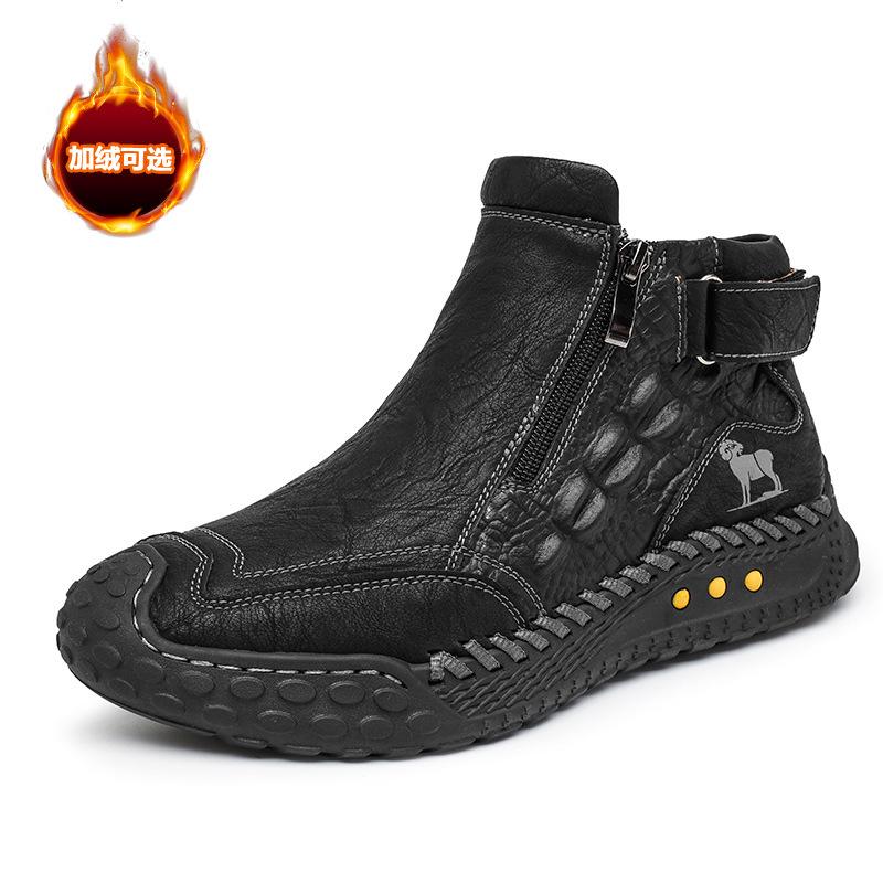 New Handmade Leather Men's Shoes with Zipper Design Outdoor Sneakers Casual Flat Shoes Men Work Shoe Ankle Boots Shoes for Men