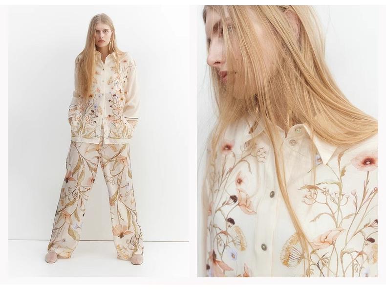 2025 Women's European & American Floral Long Sleeve Shirt and Pants Set