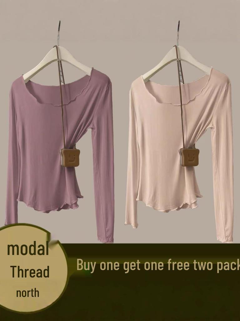 Women's Autumn Modal Ribbed Top: Round Neck, Long Sleeve, Rolled Hem, Base Layer T-Shirt