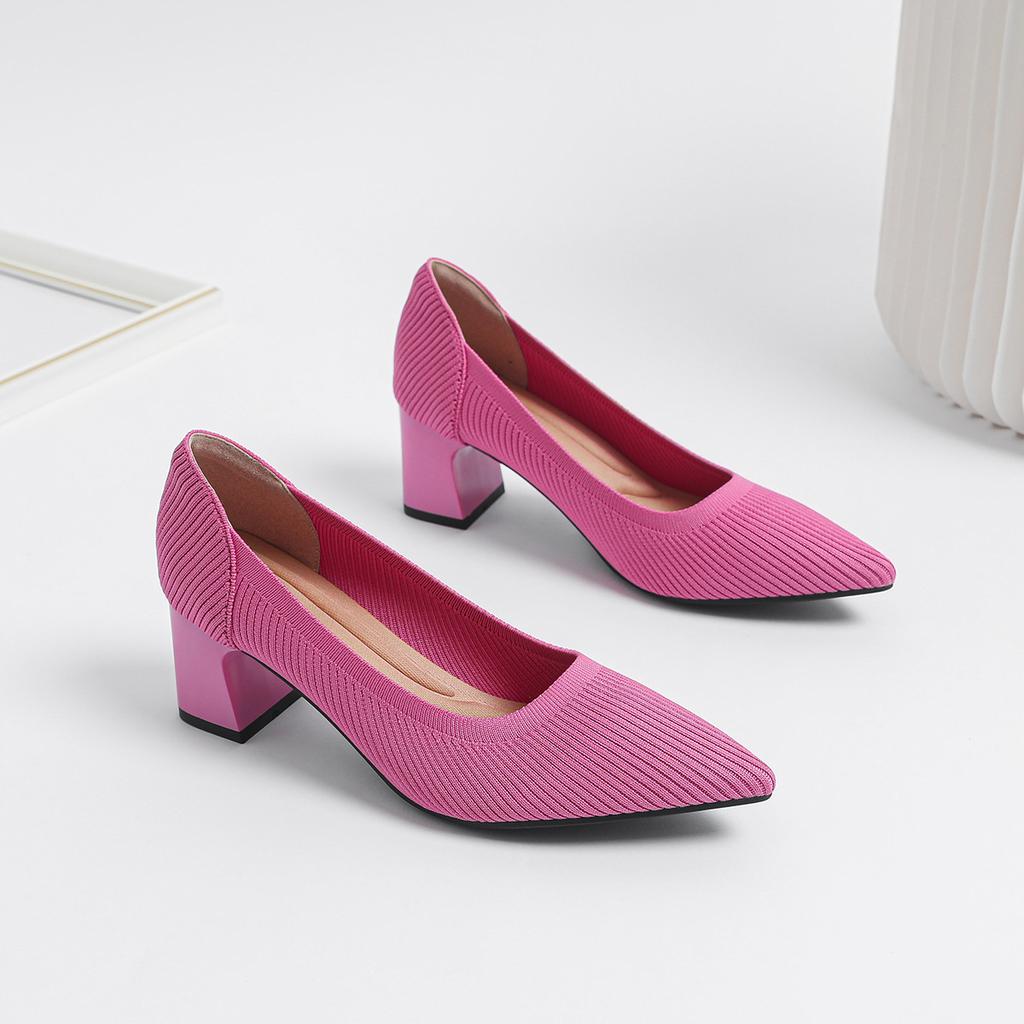 2026Women's large high-heeled shoes Multicolor pointy knit breathable comfortable anti-skid rubber sole work shoes  new autumn