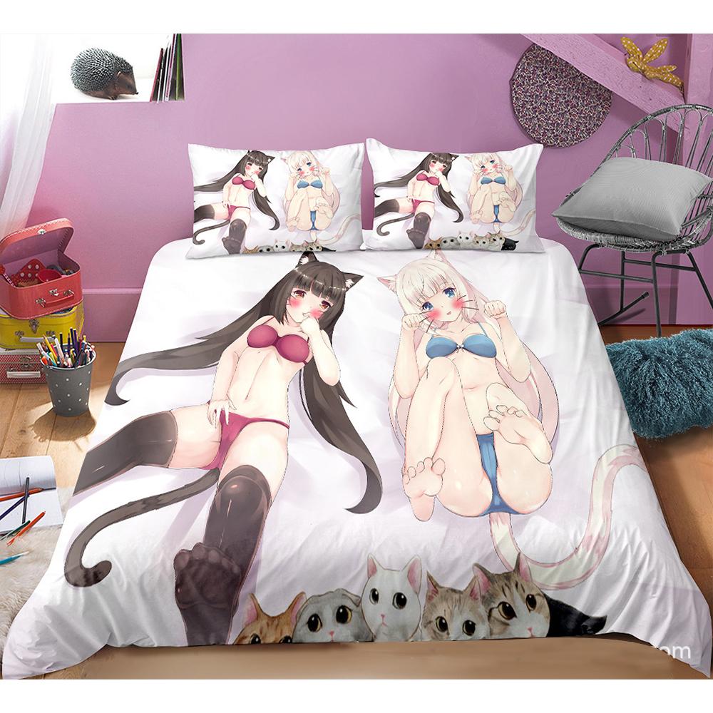 Cute Anime Cat Maid Pattern NEKOPARA 3pcs Bedding Set Game Printing Duvet Cover and Pillowcase Bedroom Decorate for Otaku Teens