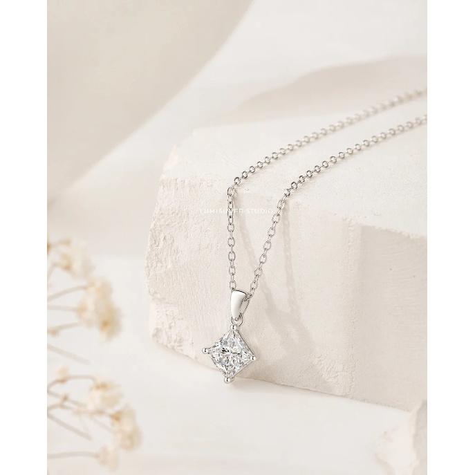 Hot Selling Cross‑border S925 Sterling Silver Princess Cut Moissanite Pendant Necklace for Women, Clavicle Chain, Valentine's Da