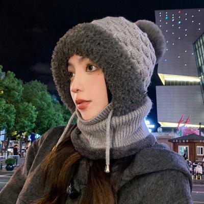 Autumn and Winter Hats Women's Knitted Wool Scarf Integrated Hat Winter Warm and Fleece Pullover Hat Cold-proof Ear Protection Hat