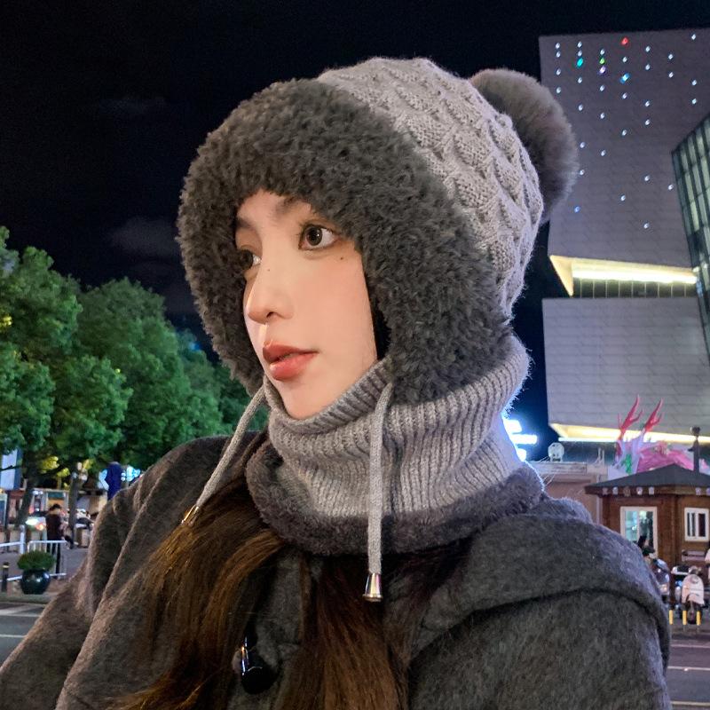 New Autumn and Winter Hats for Women Knitted Wool Scarf Integrated Hats for Winter Warm Plus Velvet Head Hats for Cold Protection Ear Protection Hats