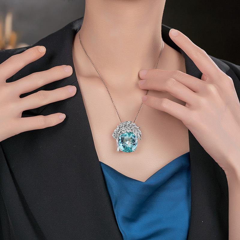 2022 New Trendy Necklaces For Women copper Color Zircon Feathers Oval Aquamarine Stone Pendant Engagement Fine Neck Accessories