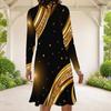 Women Plus Size Long Sleeve Round Neck Black Green Gold Printed A Line Dress