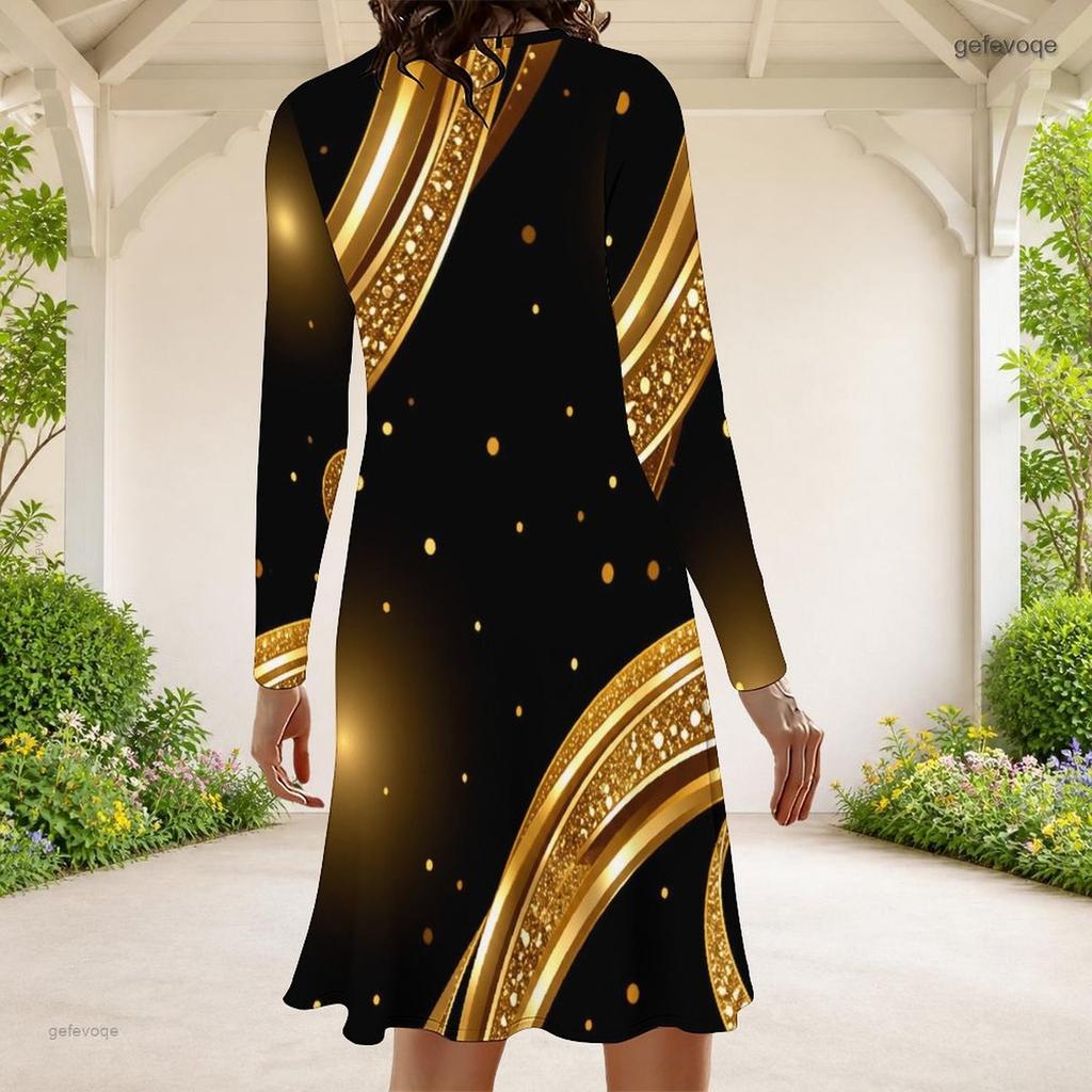 Women Plus Size Long Sleeve Round Neck Black Green Gold Printed A Line Dress