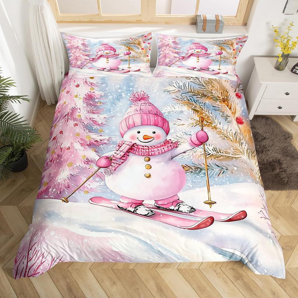 God Jul Sängkläder Rosa Påslakan Full Storlek Julgran Snögubbe Påslakan Drömsk Snöflinga Sängöverkast 3 delar