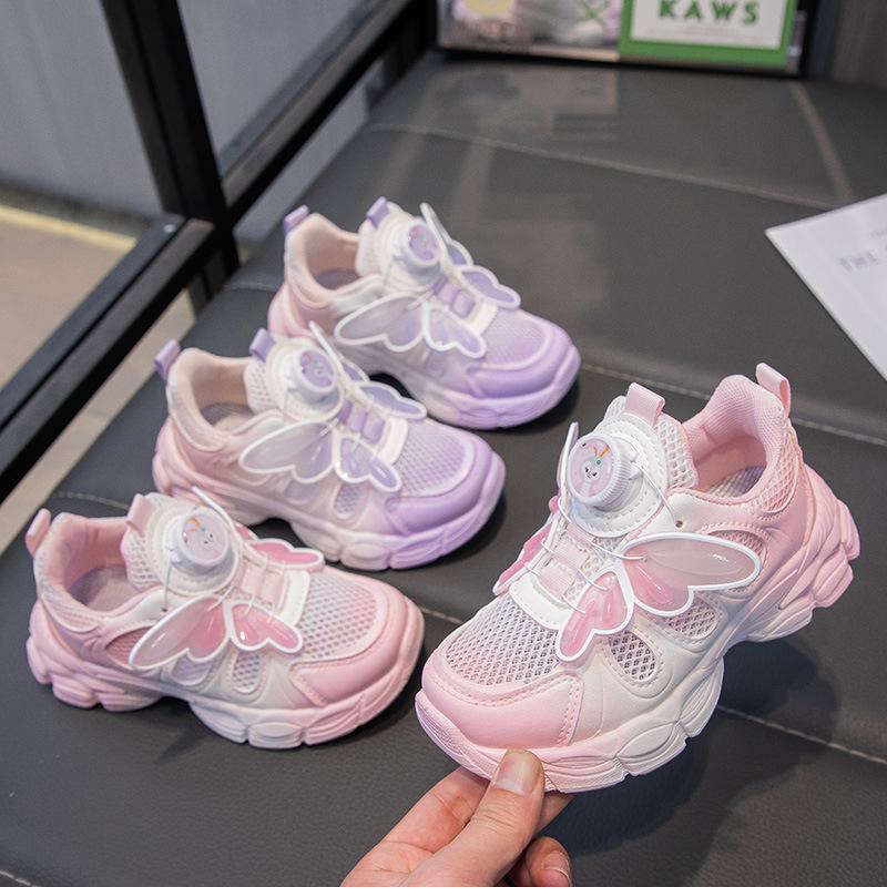 Girls sneakers 2025 rotating button shoes butterfly princess wind dad shoes breathable mesh children's casual shoes