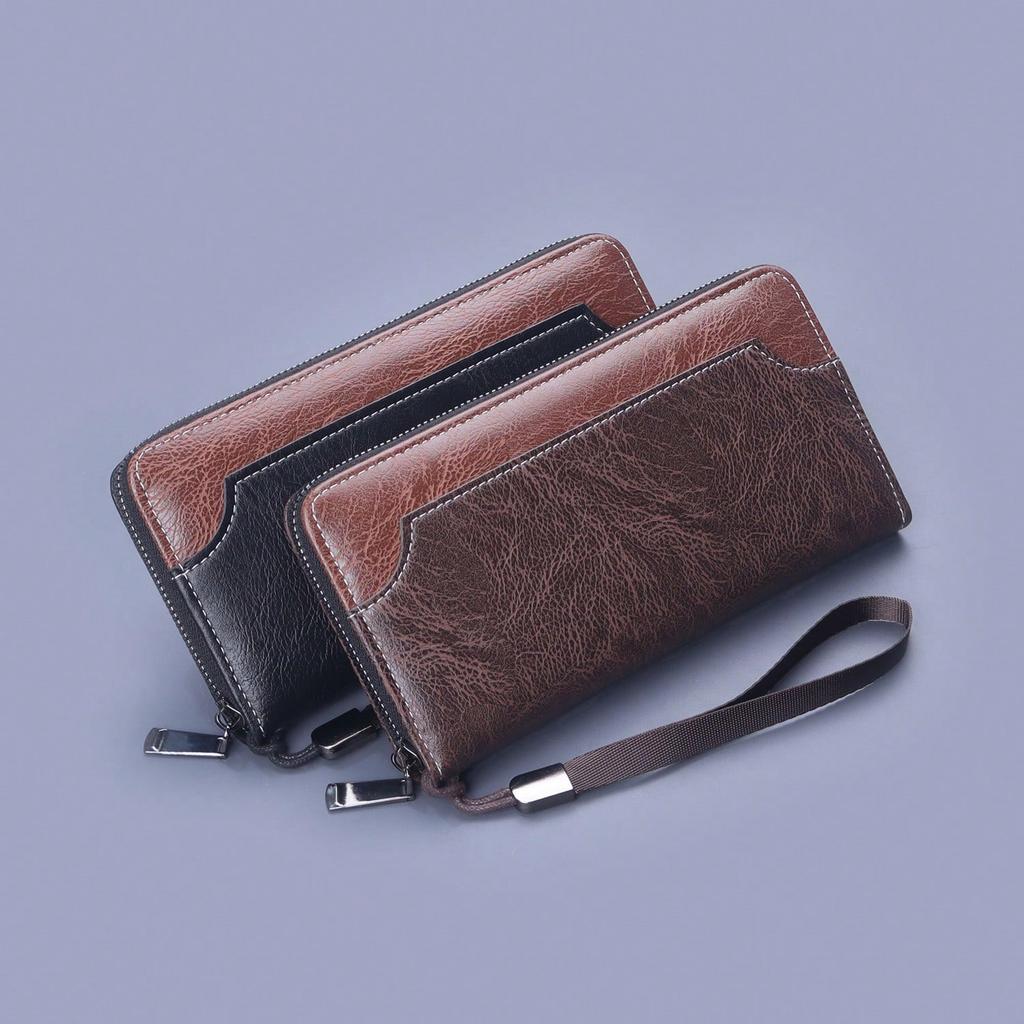 Men's Handbag Men's Zipper Clutch Bag New Splicing Long Wallet Clutch Bag Lightweight Mobile Phone Bag