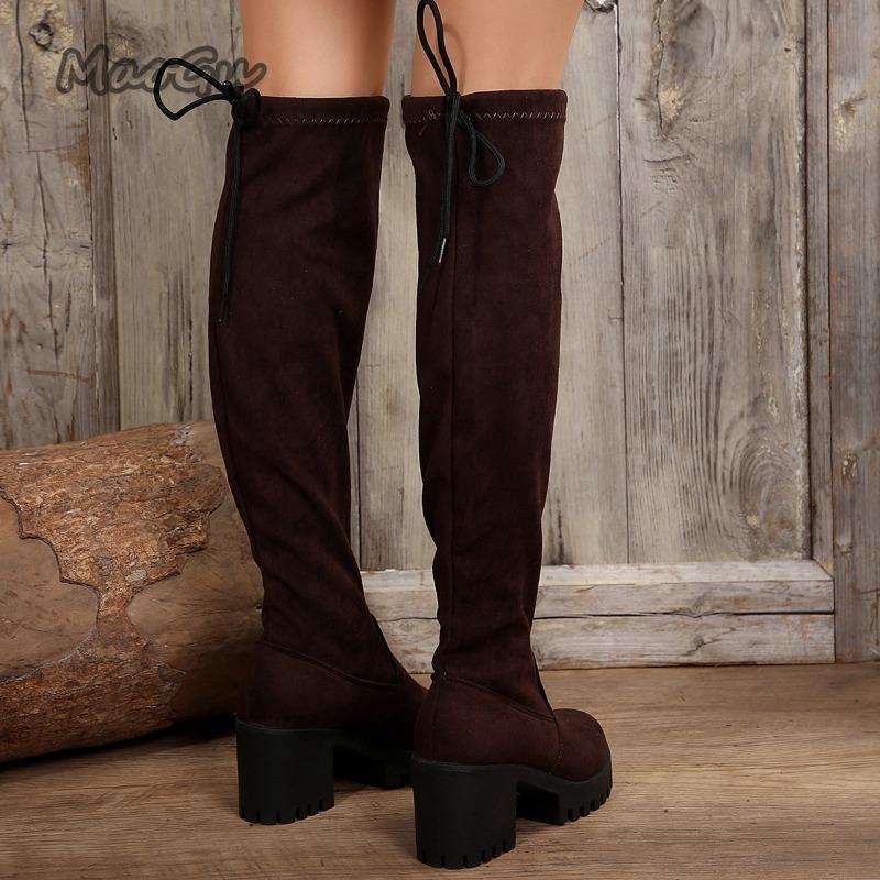 Fashion Western Brown Leopard Thigh High Boots for Women Back Lace Up Over-the-Knee Boots Thick High Heel Botas Largas Mujer Size 36-43