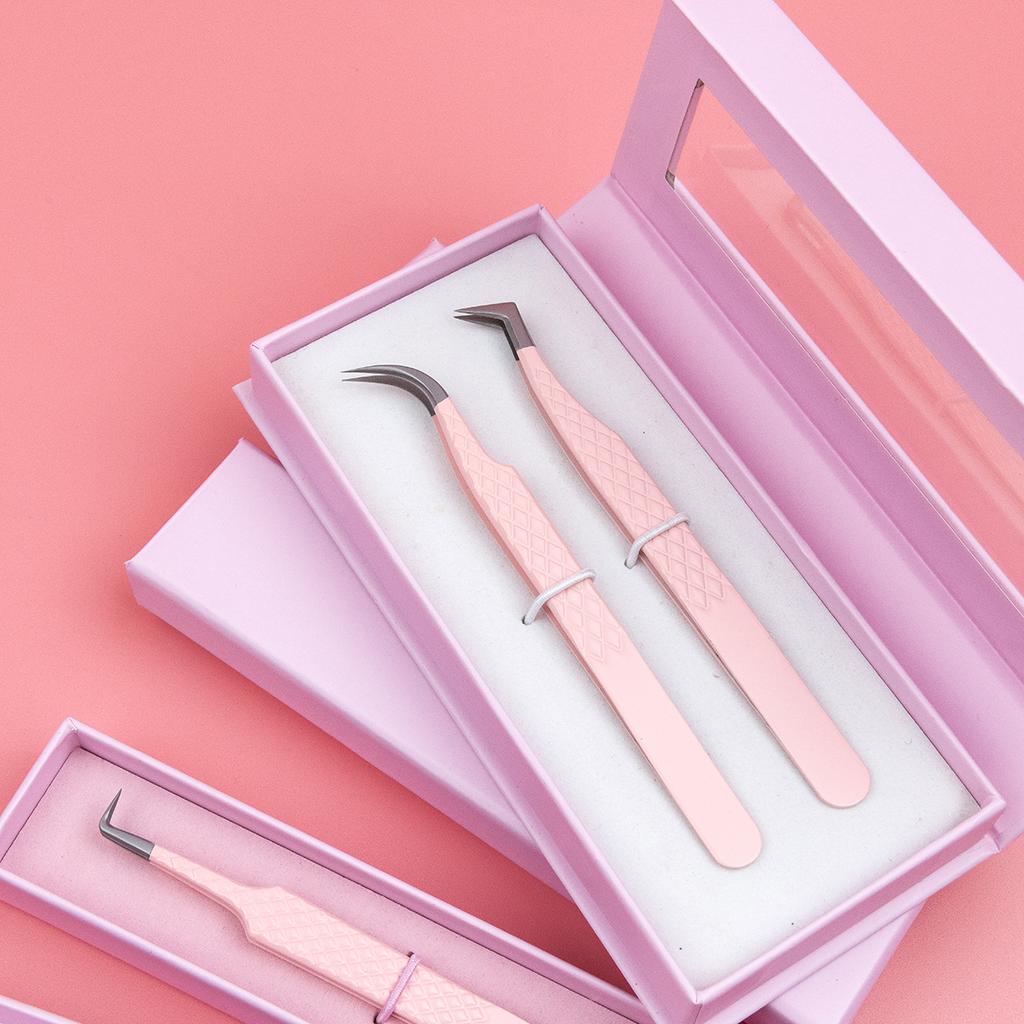 Custom Logo Pink Fiber Tip Lash Tweezers Volume Lash Tweezers Lash Tech 90 Degree Tweezers for Eyelash Extension(NO BOX)