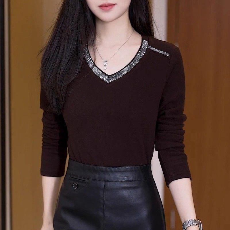 

Elegant V-Neck Rhinestone Long Sleeve Thermal Fleece Top for Moms XL