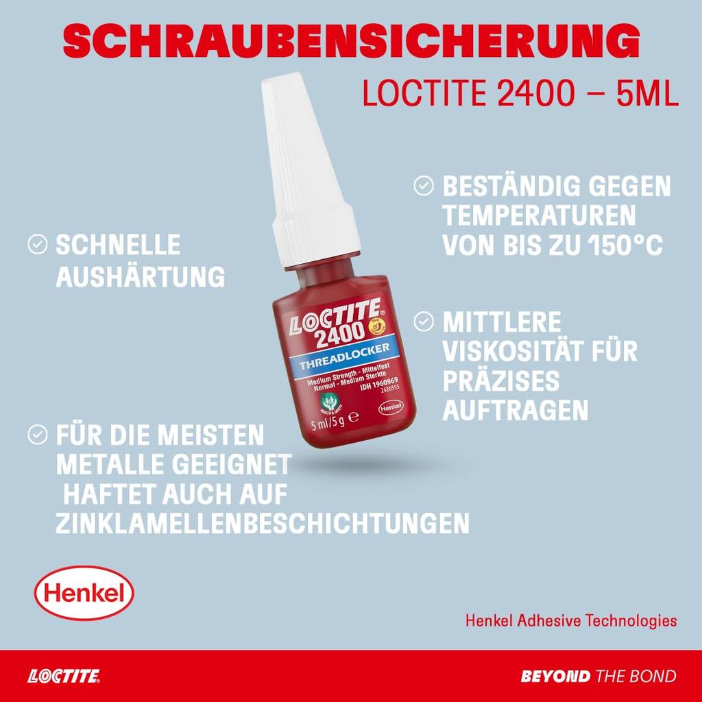Loctite Threadlocker Adhesive, Environmentally Friendly, Medium Strength, 2400, 50ml, 1947402