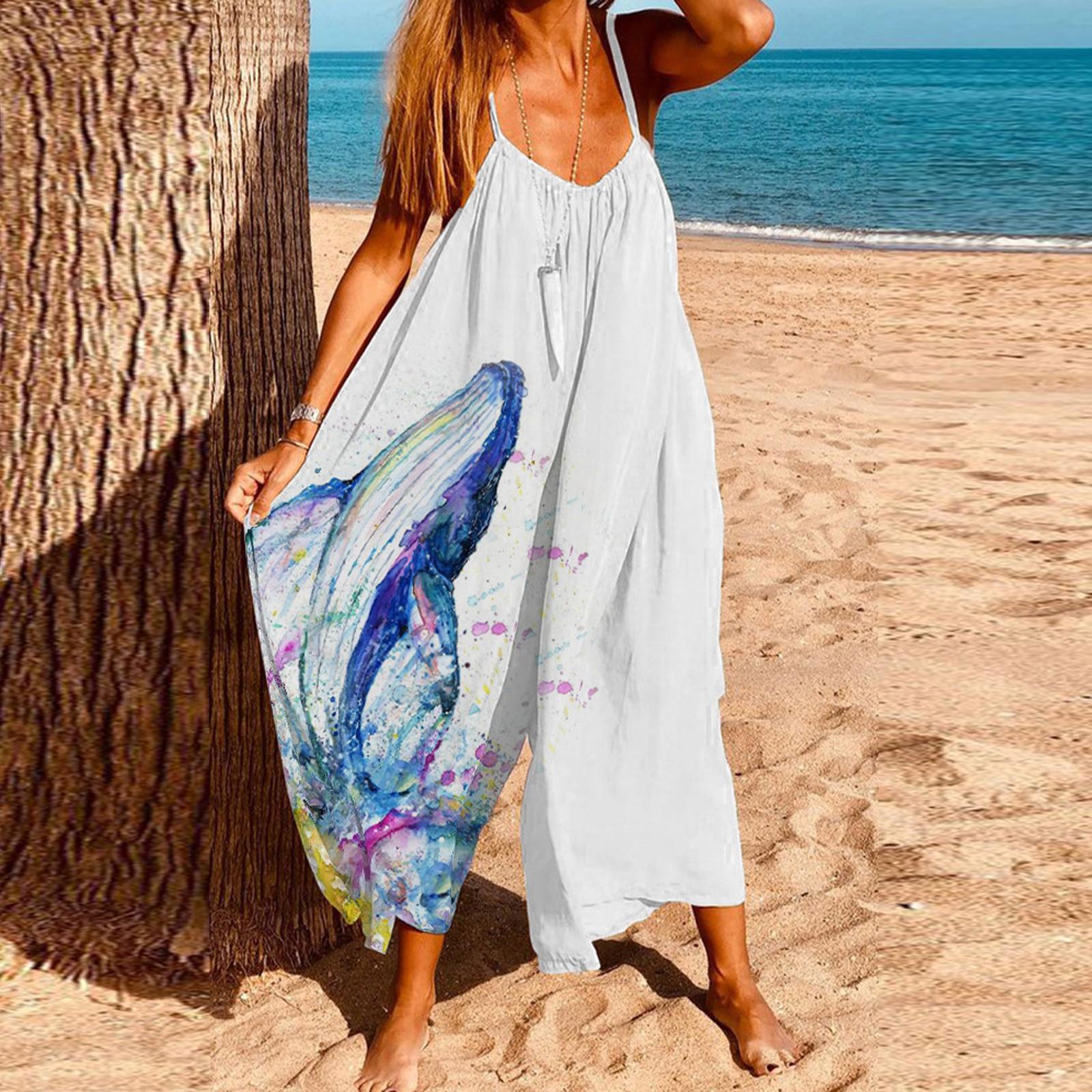 

Summer Women s Casual Loose Boho Printed High Waist Beach Jumpsuit M білий