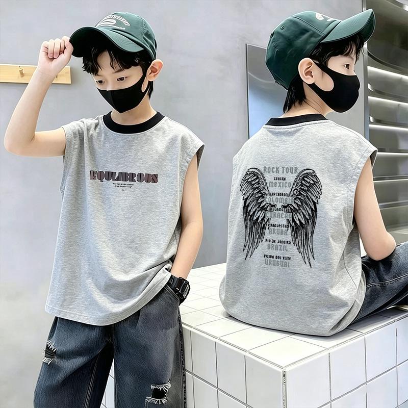 Boys' Color Block Cotton Vest T-Shirt - Summer 2026 Casual Sleeveless Top for Medium & Large Sizes