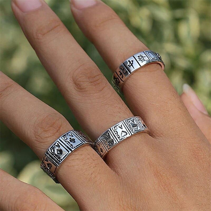 1Pc Adjustable Playing Cards Open Cuff Finger Rings Luxury Vintage Zircon Gift Party for Women Girls