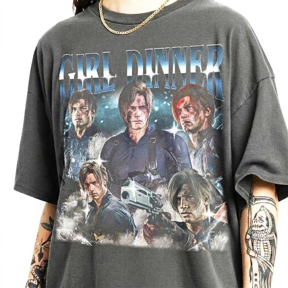 HOT Leon Kennedy Girl Dinner Resident Evil Vintage TShirt Reprint Short Sleeve Graphic Tshirts for AllSeason Unisex