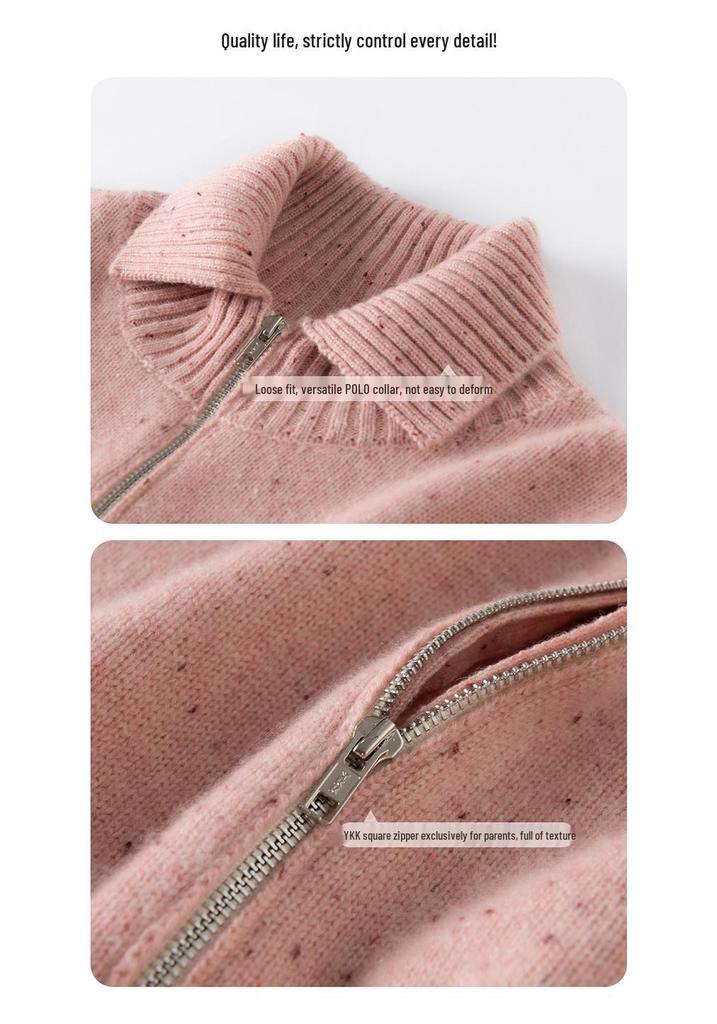 Women's Heavyweight Cashmere Dotted Knit Cardigan - High Neck, Long Sleeve, Zipper, Warm, Loose, Comfortable
