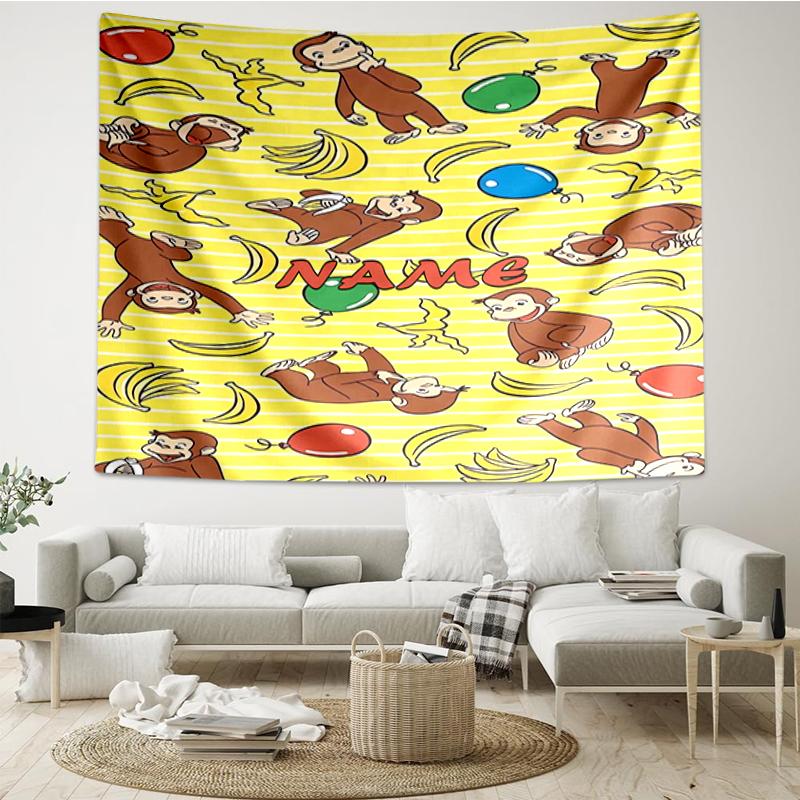 Custom Name Curious George Print Tapestry, Backdrop, Easy Setup, Ideal for Bedroom, Office & Living Room, with Aesthetic Wall Hanging Decor.