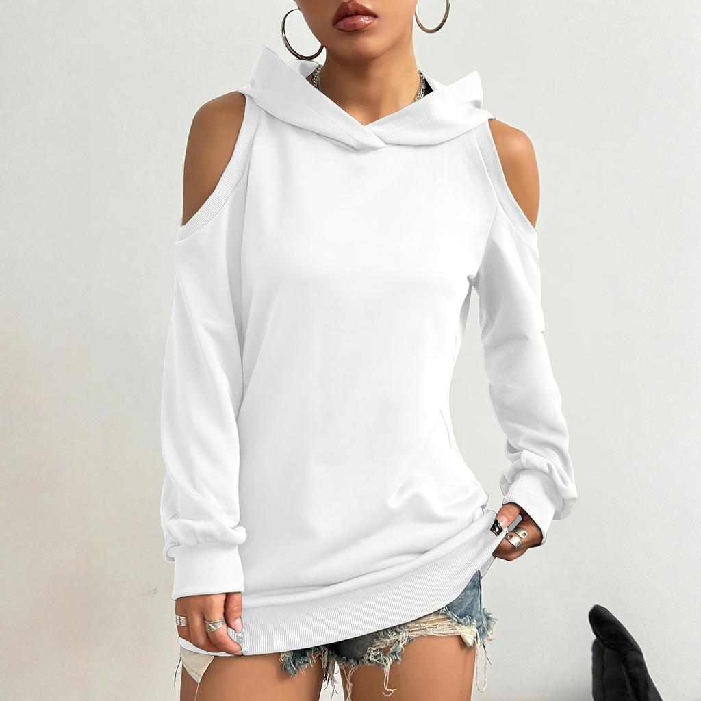 Women's Fashion Casual Solid-color Long-sleeved Off-the-shoulder Hooded Sweatshirt